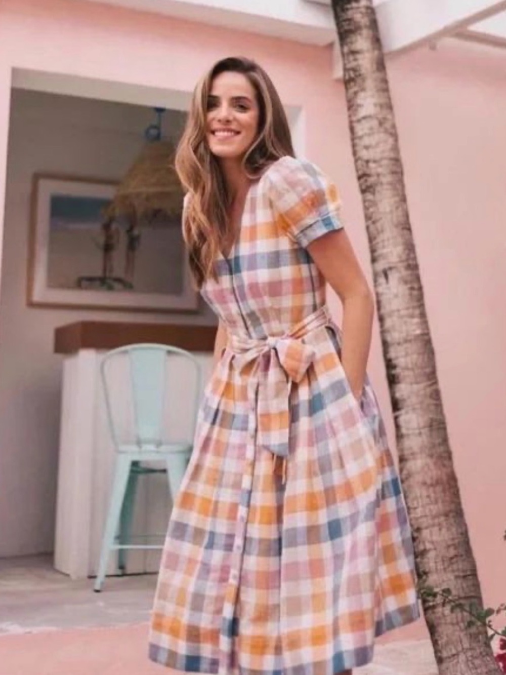 Gal meets Glam x Anthropologie Poppy Linen Blend Plaid Tie waist dress Size 8